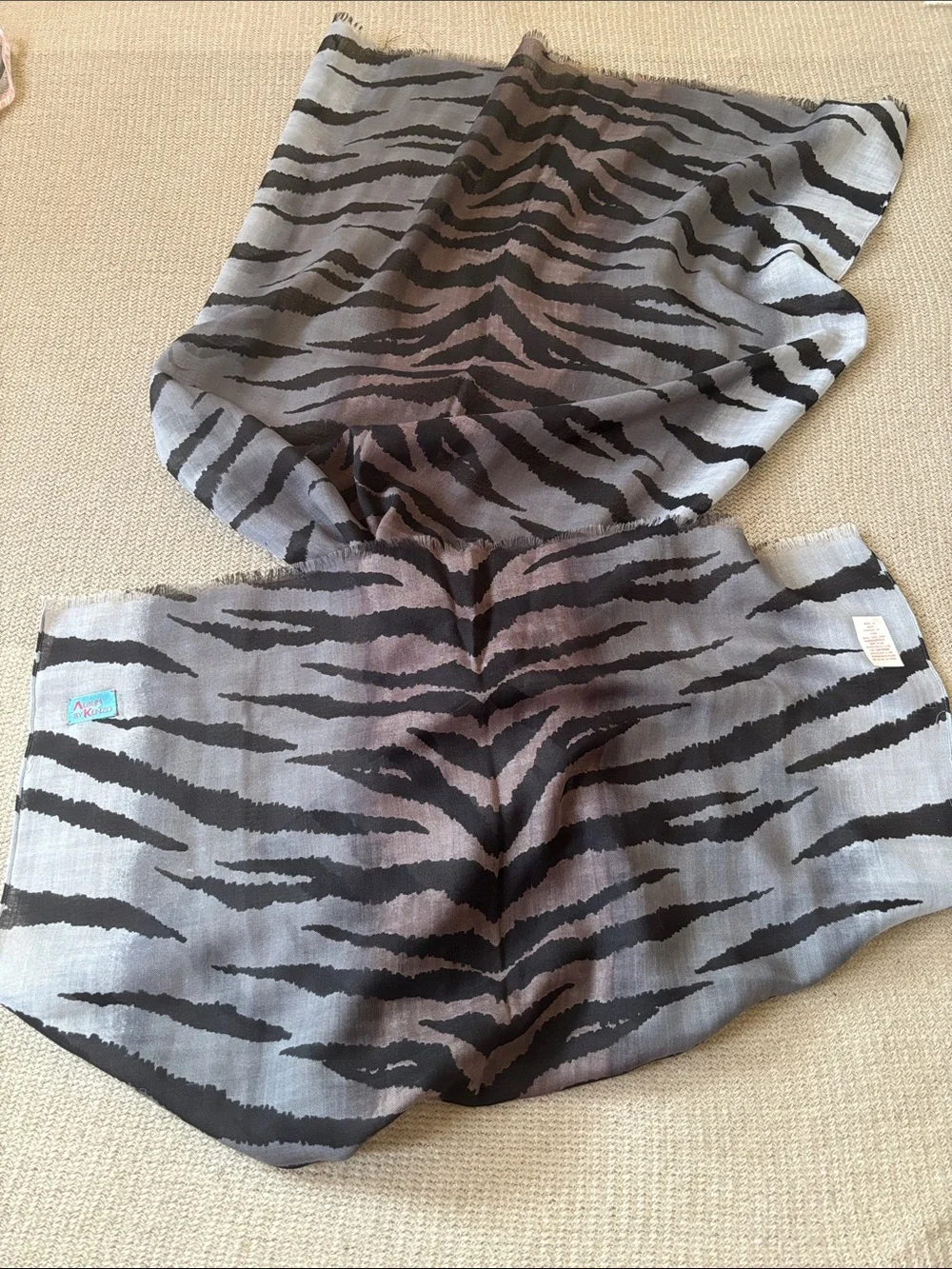 Vintage Kenzo Zebra-Stripe Lightweight Wool Scarf in Gray and Black